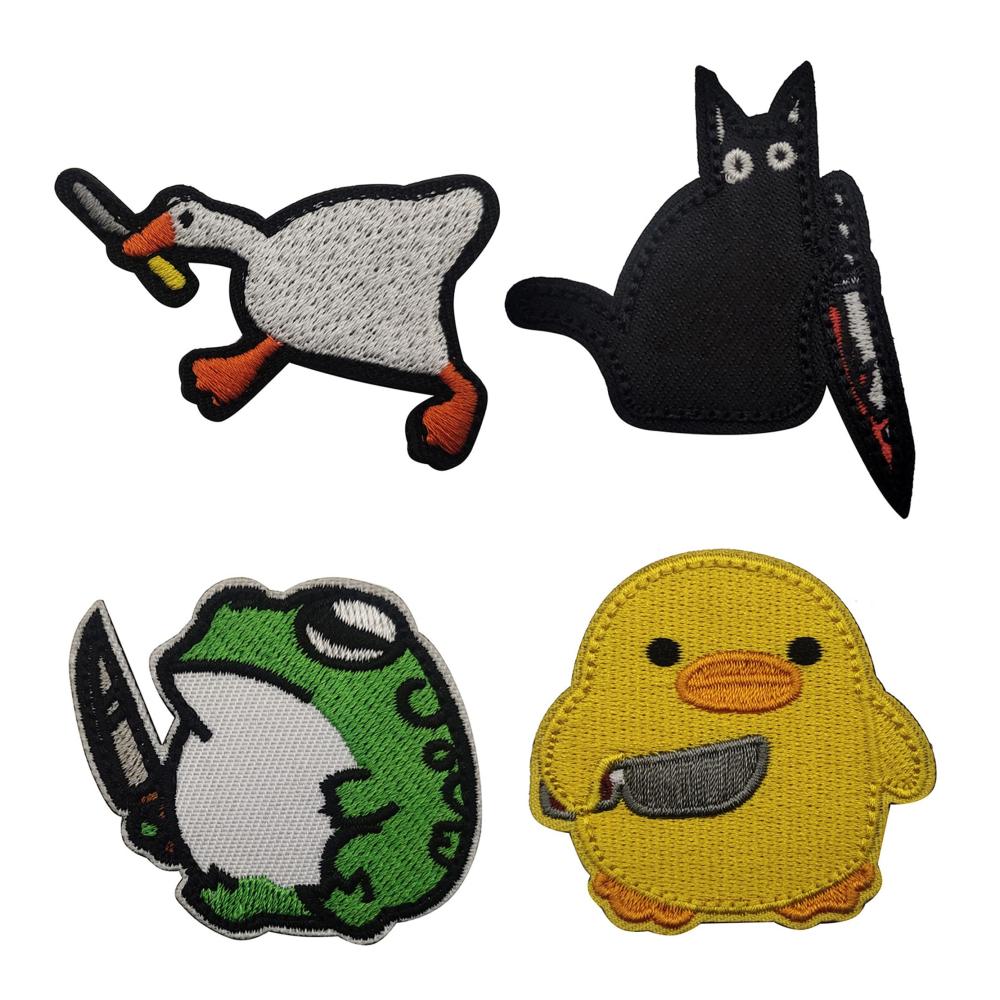 Gestickte Applikationen Set Hochwertige Klettverschluss-Patches mit lustigen Motiven – Gans Ente Frosch Katze. Ideales Bekleidungszubehör für Jeans Hemden Hüte und Rucksäcke. 4er-Pack für kreative Individualität