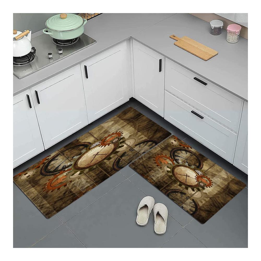 2er Set Rutschfeste Küchenteppiche - Steampunk-Design für Läufer Badematten & Küchenläufer - Waschbar & Schützend - 45x70cm & 45x120cm