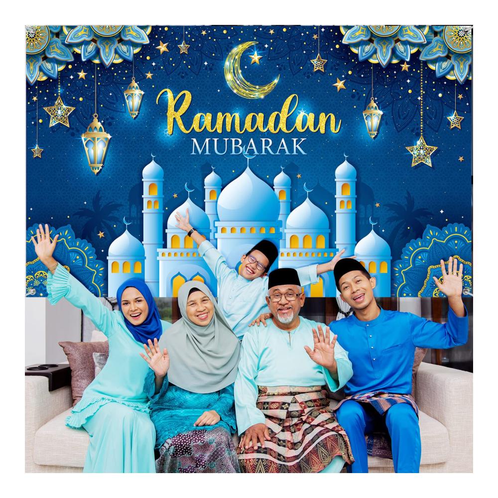 Exquisites Ramadan Dekorationsbanner - Stimmungsvolle Hintergrundgestaltung für Eid Feierlichkeiten - Muslimisches Festzubehör für zu Hause - Traditionelle Ramadan Mubarak Dekorationen (Blau