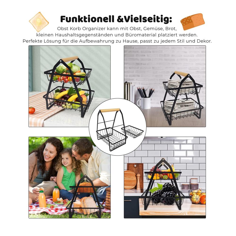 Hochwertige Obst Etagere 2-stöckiger Metall Obstkorb mit abnehmbaren Körben und Holzgriffen – Perfekt für Obst Gemüse und Brot – Stilvoll und praktisch (27 x 17 x
