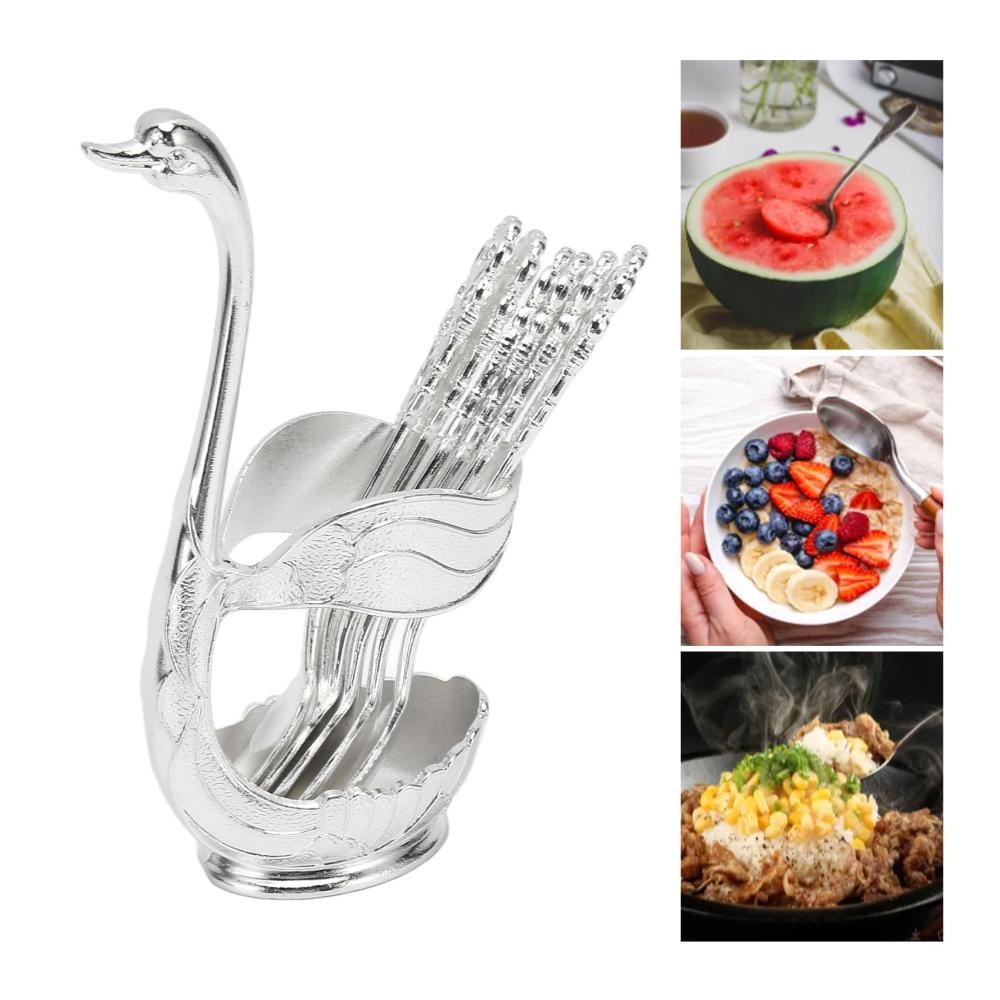 Entdecken Sie Eleganz mit unserem exklusiven 6-teiligen Mischpaletten-Set Swan-Ständer Kaffeelöffel Zuckertablett Organizer-Halter und Dessert-Teelöffel. Perfektes Tisch-Display für stilvolles Ambiente