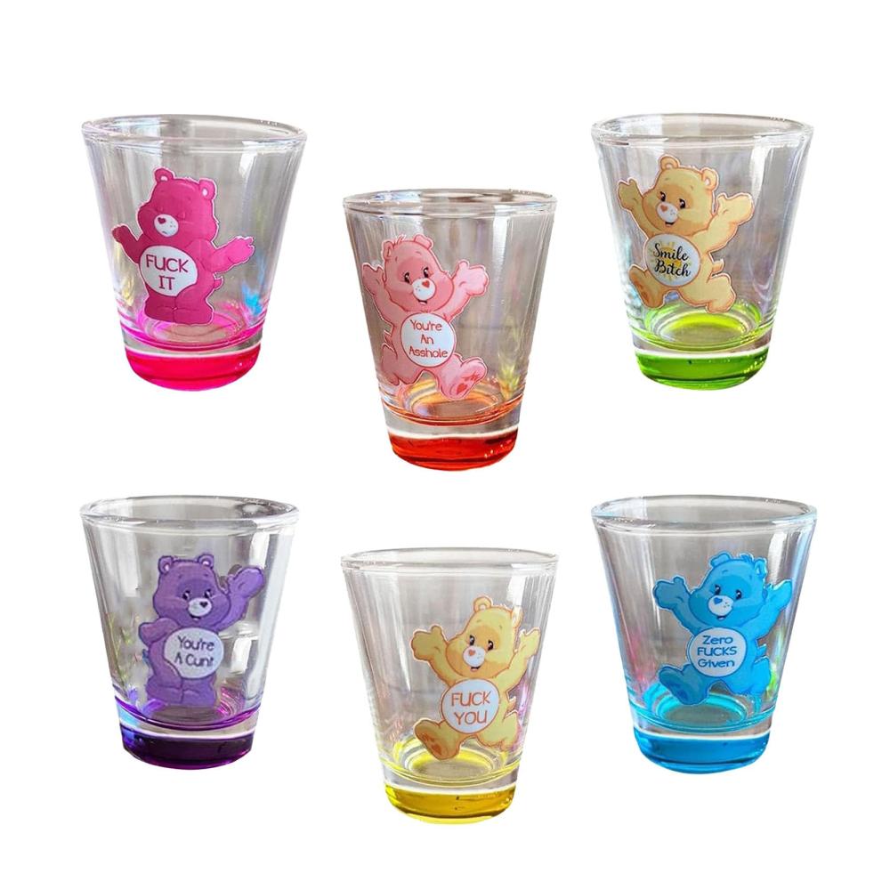 Mini Schnapsgläser Set 6 Bärenmotive | Isolierte Shotgläser mit Pfiff | Lustige Care Bear Designs | Ideales Geschenk für Partys