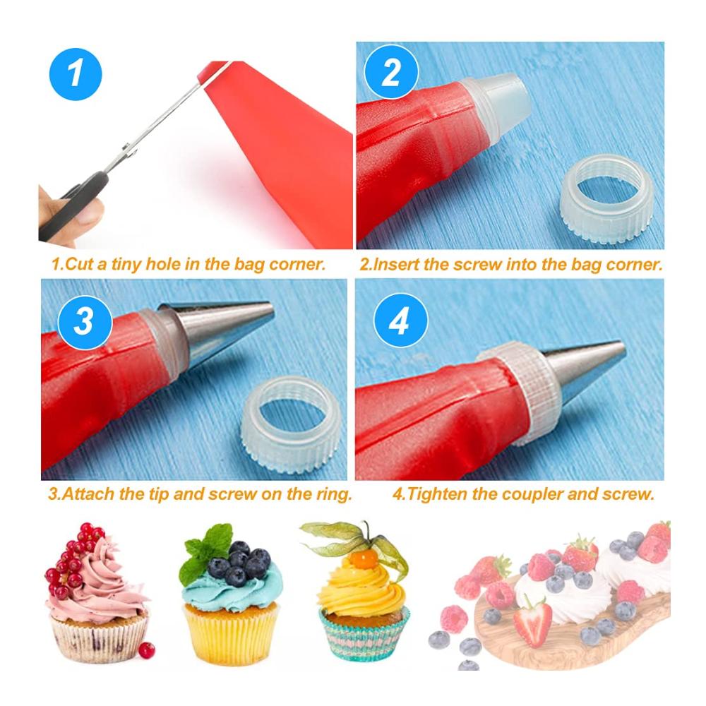 Deluxe Tortendekorationsset 32-teiliges Edelstahl-Backset mit 24 Spritztüllen 2 Silikon-Spritzbeuteln 4 Kuchenformen und 2 Adaptern. Perfekt für Kuchenliebhaber