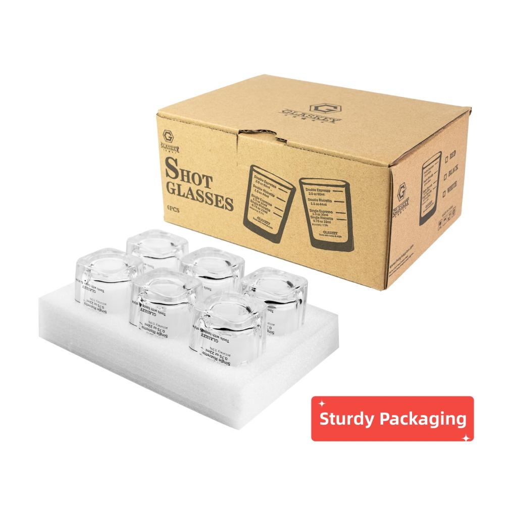 GLASKEY Premium Schnapsgläser 6er Set - 60ml Skalierte Espressomischgläser Ideal für Tequila & Wodka Spülmaschinenfest Perfekt für Partys & Geschenke Weiße Skala