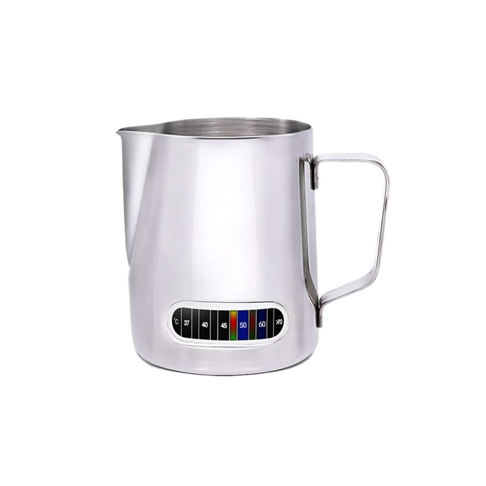 Milchschaumkännchen mit Thermometer  SUS304 Edelstahl Temperaturkontrolle | Milchaufschäum-Krug für Latte Art und cremigen Kaffee | Dampfkrug 600 ml | Edelstahl silber 20oz
