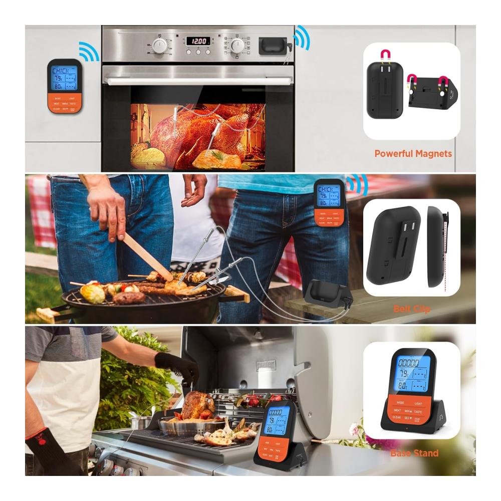 Digitales Bratenthermometer mit Timer kabellos LCD-Display und 2 Sonden für BBQ Grill und Backofen - Fleischthermometer für perfekte Kerntemperatur - Grillzubehör inklusive Funktechn