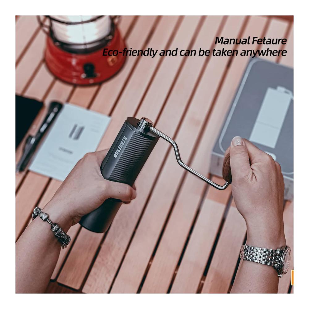 Entdecken Sie die STARESSO Manuelle Kaffeemühle – Espresso Mühle mit präzisen Einstellungen aus Edelstahl für unterwegs! Ideal für Camping und Reisen 35g Kapazität konische Mahlwerke (D