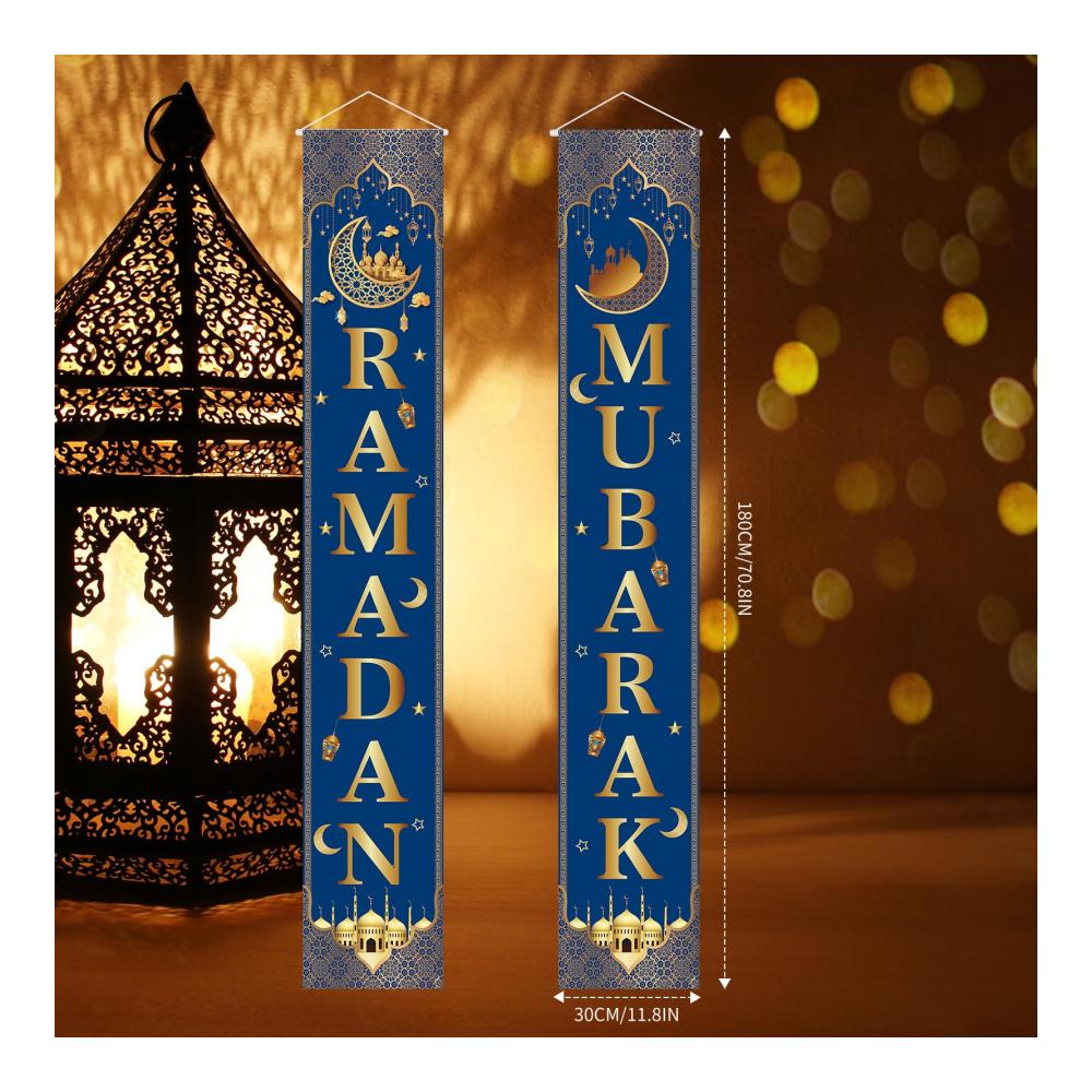 Entdecken Sie den Glanz von Ramadan 2er Set stilvolle Türbanner 708 x 118 in Schwarzgold. Exklusives Verandaschild für Ihre Ramadan-Dekorationen. Hochwertiges Türschild zum Aufhängen – Perfektes Banner für Ihr Ramadan-Haus