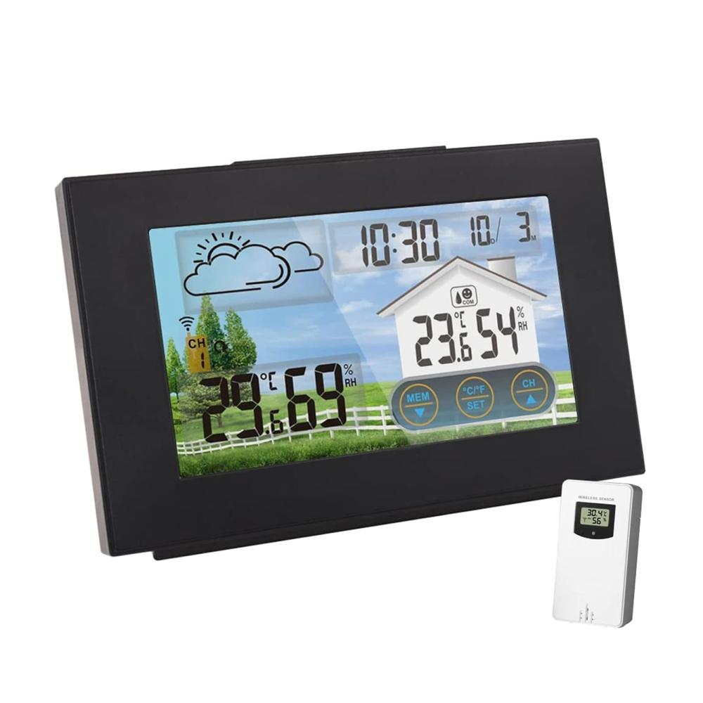 Maximale Präzision Wetterstation mit Außensensor Funk Digital Farbdisplay Thermometer-Hygrometer Wettervorhersage Datum Wecker | Multifunktionale Funkwetterstation für Innen und Au