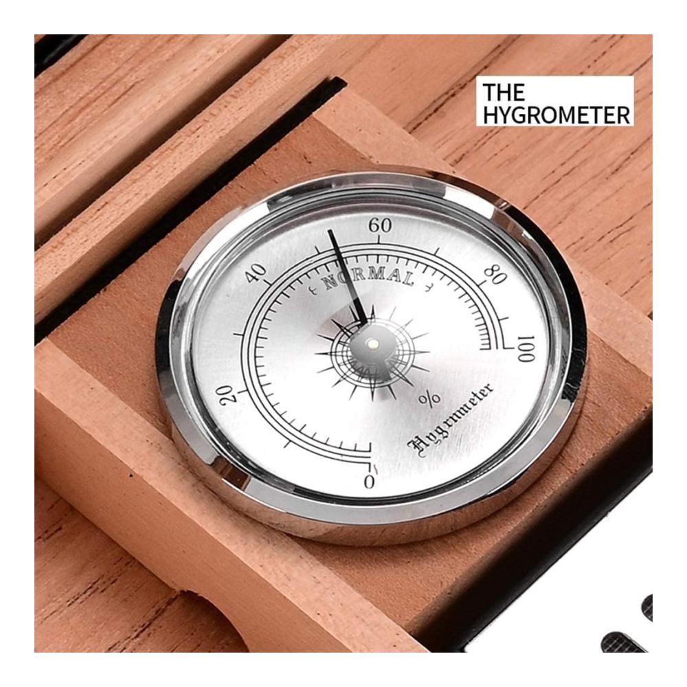 Premium Zigarren Humidor Kiste – Feuchtigkeitsspendendes Etui mit Lederumwicklung Doppelter Trennwand & Hygrometer – Platz für 50 Zigarren – Stilvoll in Braun Grau & Schwarz – 32.4x24.4x12.2