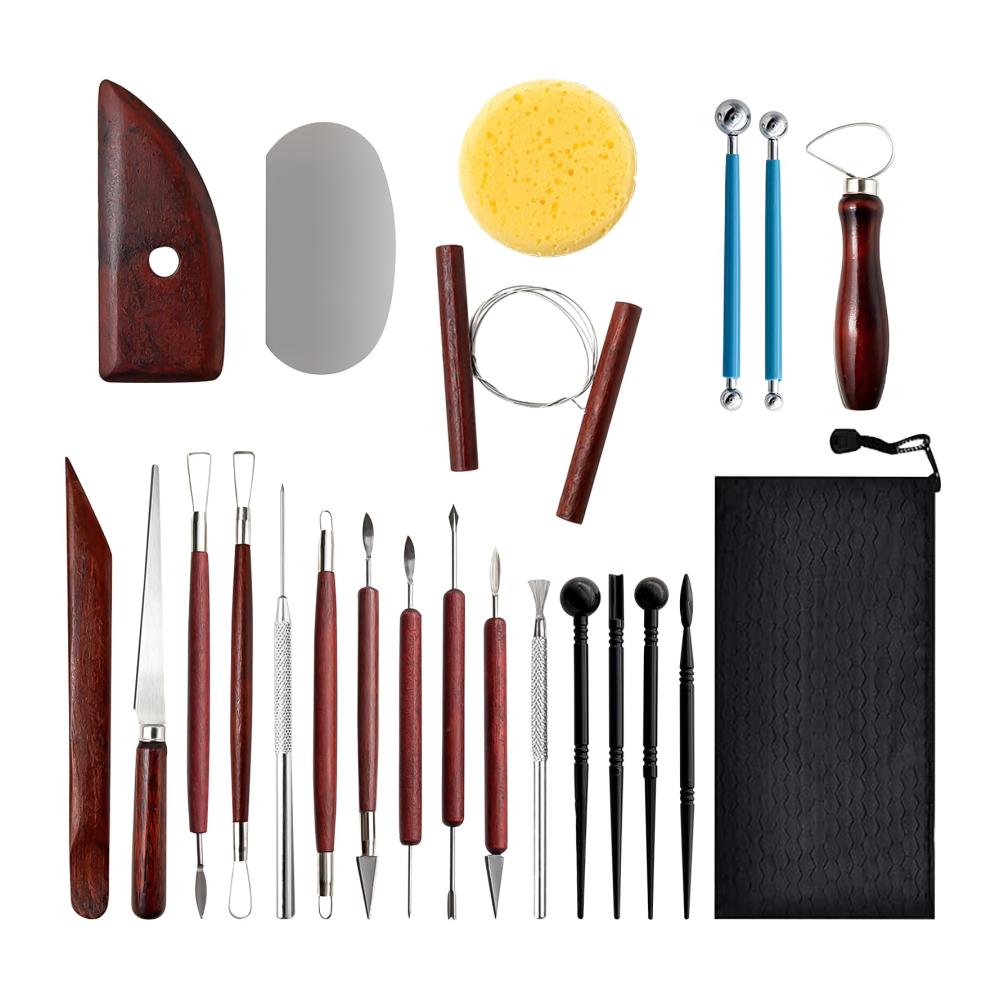 22-teiliges Keramik-Werkzeugset Grundlegende Schnitzwerkzeuge für Tonskulptur und Modellierung. Hochwertige Holzgriffe inklusive Tasche. Perfekt für Künstler und Hobbyisten