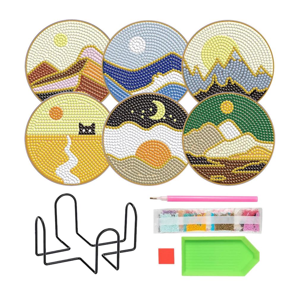 6er Set 5D Diamant Malerei Untersetzer mit Halterung – DIY Bastelkit für Erwachsene und Kinder – Schöne Landschaftsmotive – Dekorative Tischuntersetzer für Zuhause – Perfekt zum Verschönern Ihrer Tische