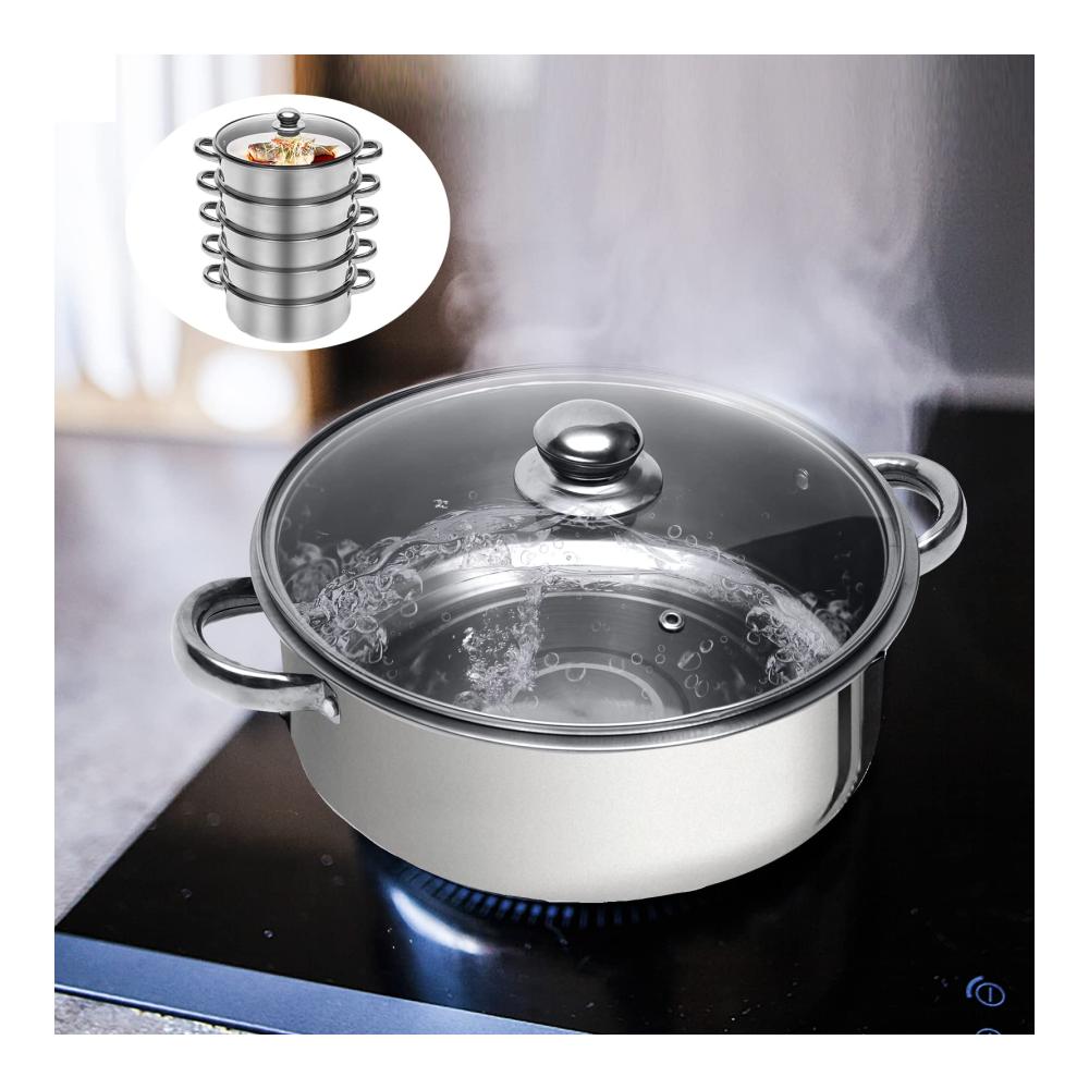 Erleben Sie kulinarische Meisterwerke 5-lagiger Edelstahl Dampfgarer mit Glasdeckel 26cm Durchmesser Biodampfkocher für gesunde Mahlzeiten Mantovarka Dampfkochtopf für Induktion und Küche