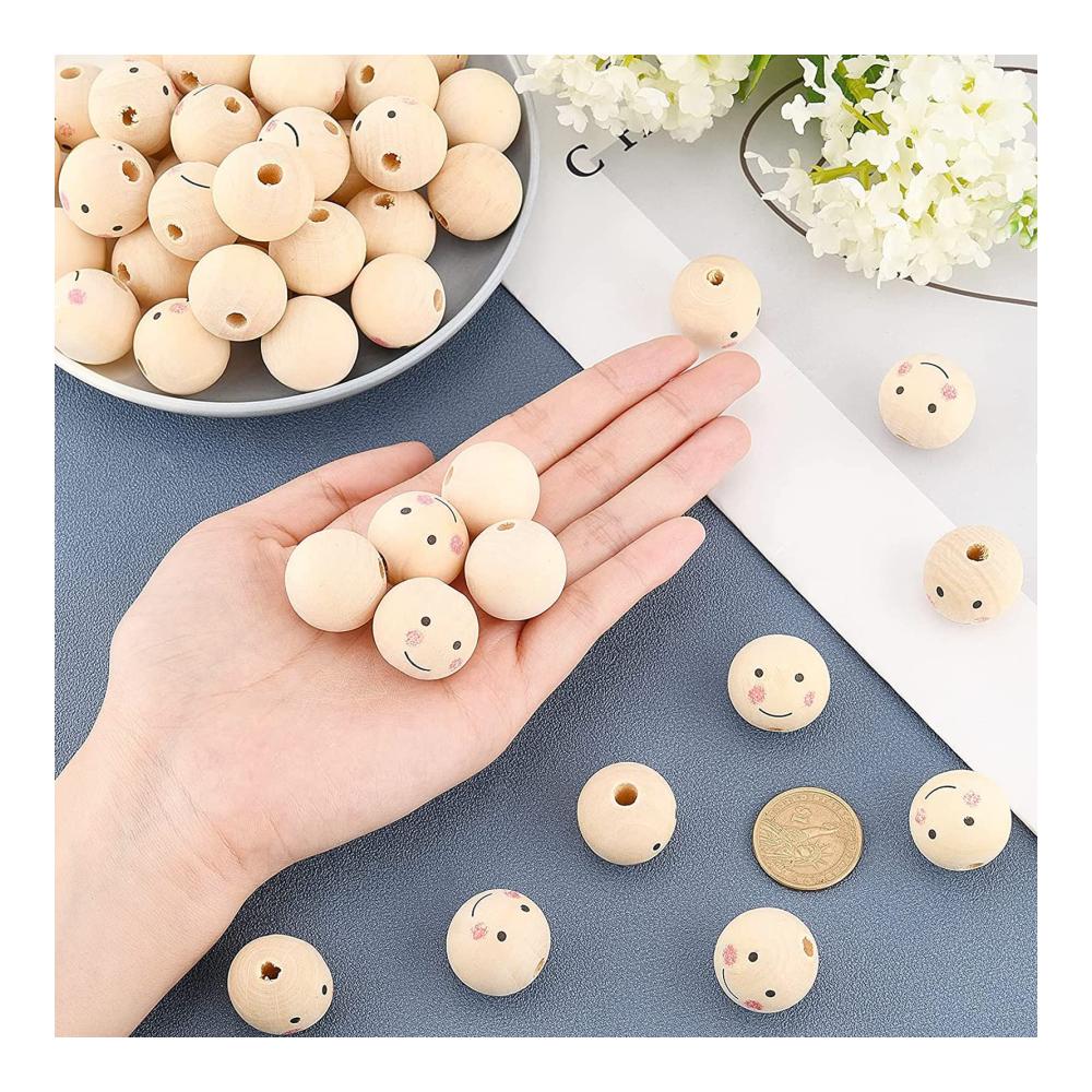 DIY Handwerksmaterial 80 Stk. Große Holzperlen 20mm mit Engelsgesicht für Schmuck & Puppen - Naturholzperlen Set für kreative Bastelprojekte
