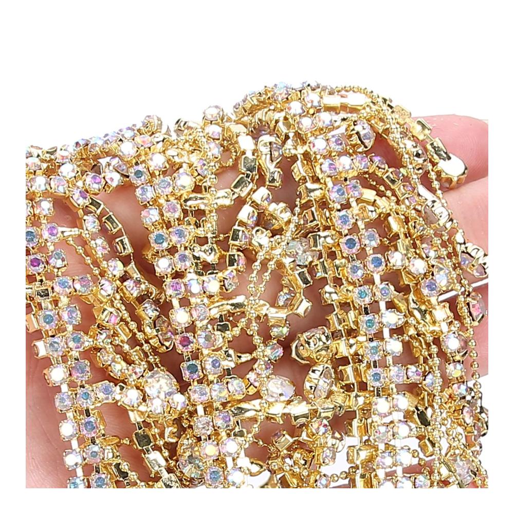 Elegante Strass-Borten mit Beads Hochwertige Fransen-Applikation für Brautkleider Taschen & mehr – Glamouröse Kristall-Dekoration in Goldton