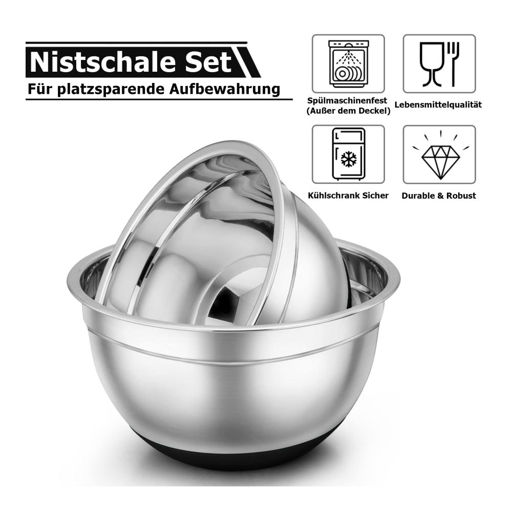 Premium Rührschüssel-Set aus Edelstahl mit luftdichten Deckeln und Silikonböden | Stapelbar & Spülmaschinenfest | 7-teilig in verschiedenen Größen | Praktisch für Küche und Backen | Schwarz