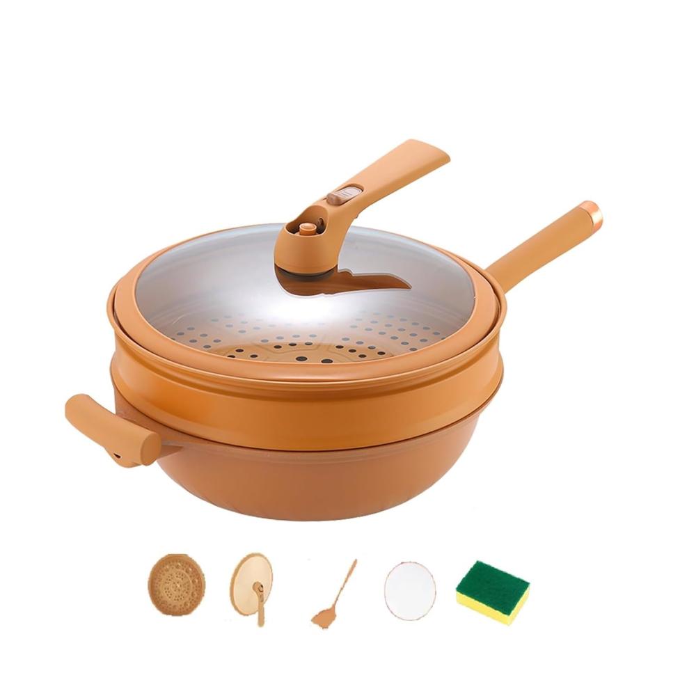 Entdecken Sie den ultimativen Multifunktions-Wok aus antihaftbeschichtetem Ton mit Dampfkorb | Perfekt zum Anbraten Kochen Frittieren und Dämpfen | Antihaft-Mikro-Schnellkochtopf inklusive