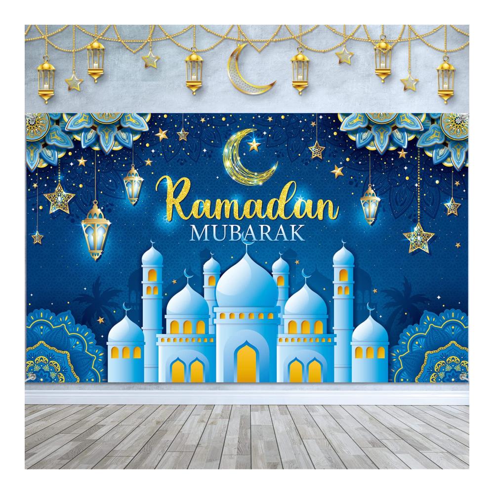 Exquisites Ramadan Dekorationsbanner - Stimmungsvolle Hintergrundgestaltung für Eid Feierlichkeiten - Muslimisches Festzubehör für zu Hause - Traditionelle Ramadan Mubarak Dekorationen (Blau