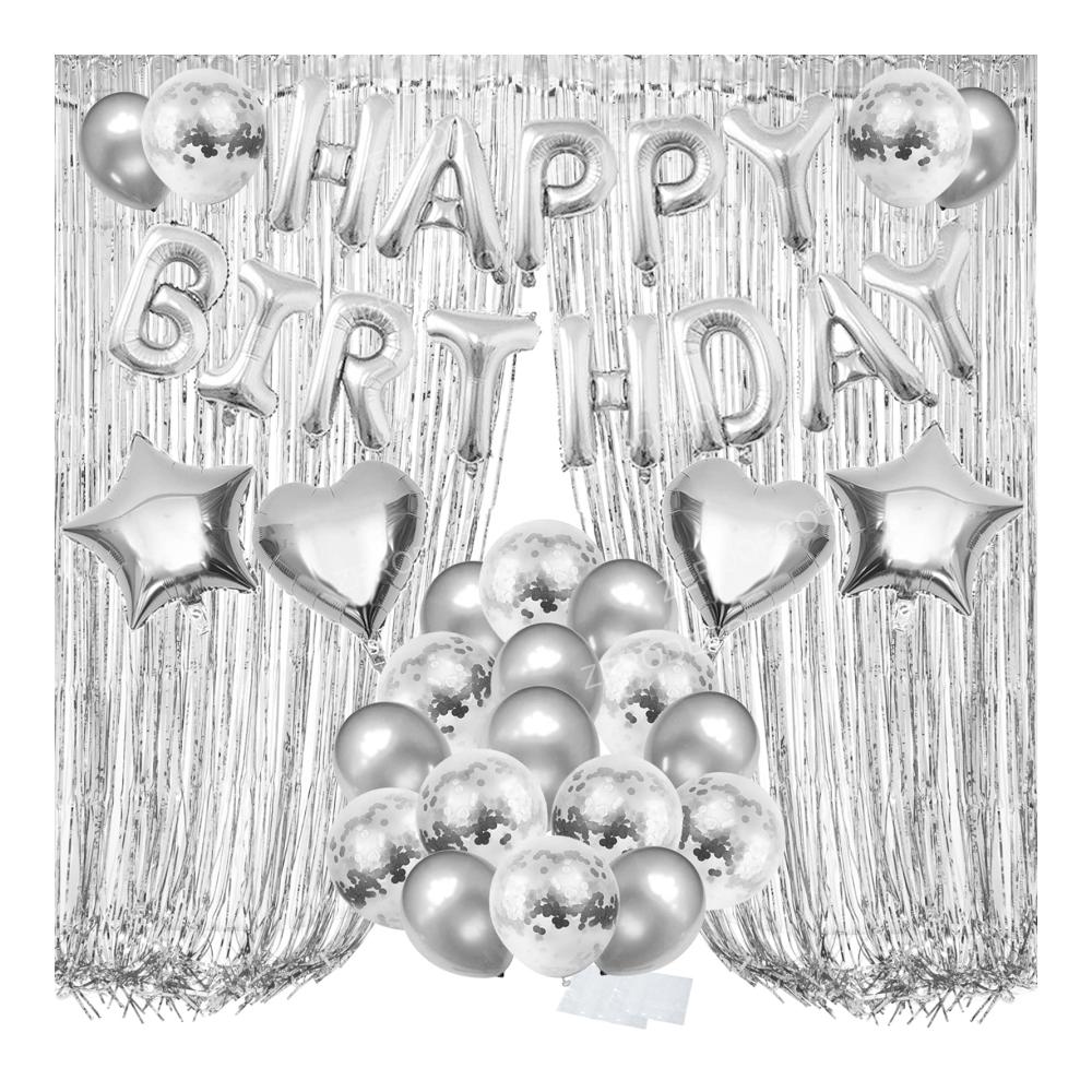 Luftballons Deluxe Set - Geburtstagsdeko Silber mit Happy Birthday Buchstaben Folienvorhängen Mylarfolie Stern & Herzform Konfetti. Perfekte Partydekoration für unvergessliche Momente