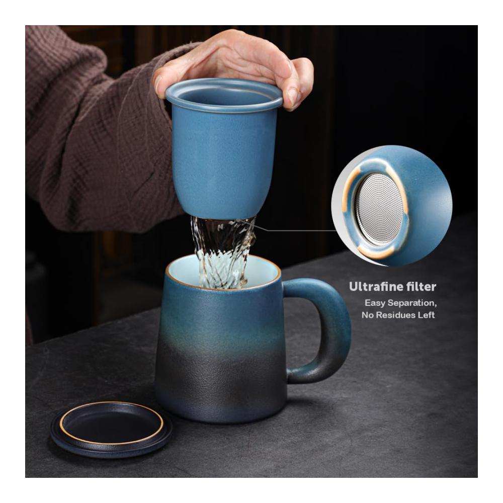 Entdecken Sie den Genuss Teetasse 420ml Keramik mit Edelstahl Teesieb & Deckel Große Teetassen Set in Blau-Schwarz Gradienten Henkel für entspannten Teegenuss - Zen Lifestyle