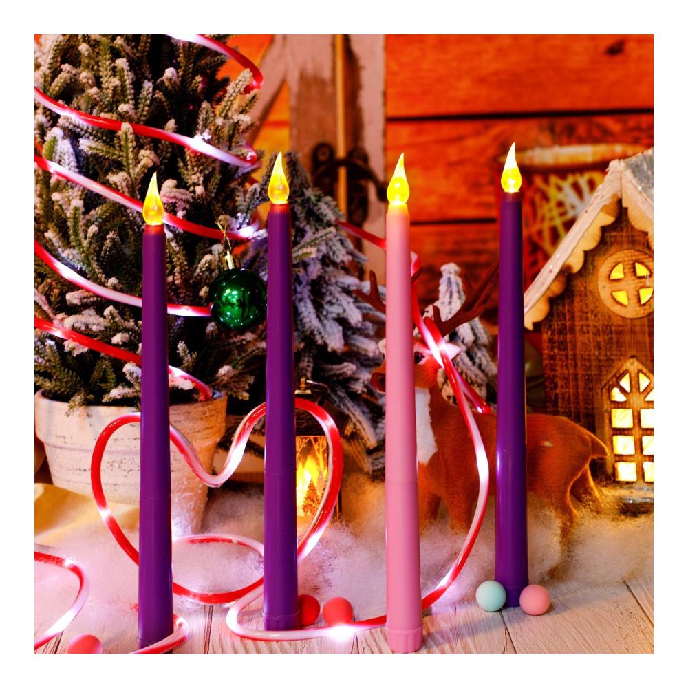 4er Set Spitzkerzen für Valentinstag & Advent - 3 Lila & 1 Rosa 25x25 cm 6h Brenndauer Unparfümiert Natürliches Pflanzenwachs Elegante Stabkerzen
