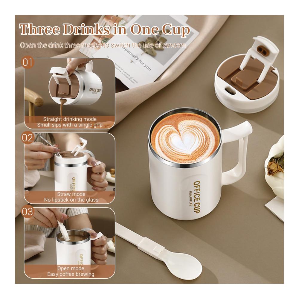 Genießen Sie Ihre Lieblingsgetränke unterwegs! Thermo-Kaffeebecher aus Edelstahl mit Henkel Isolierbecher mit Griff und Strohhalm für heiße und kalte Getränke. Ideal für unterwegs