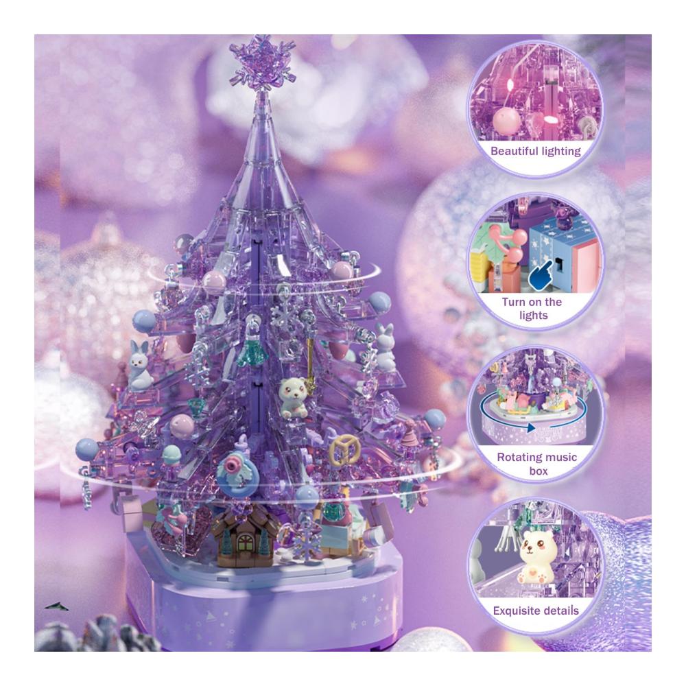 Erstaunliche Lila Kristall Weihnachtsbaum Spieluhr Bausatz mit 729 Stücken DIY Montage Absolut Rotierendes Modell Weihnachtliches Bausteinspielset für Festliche Freude