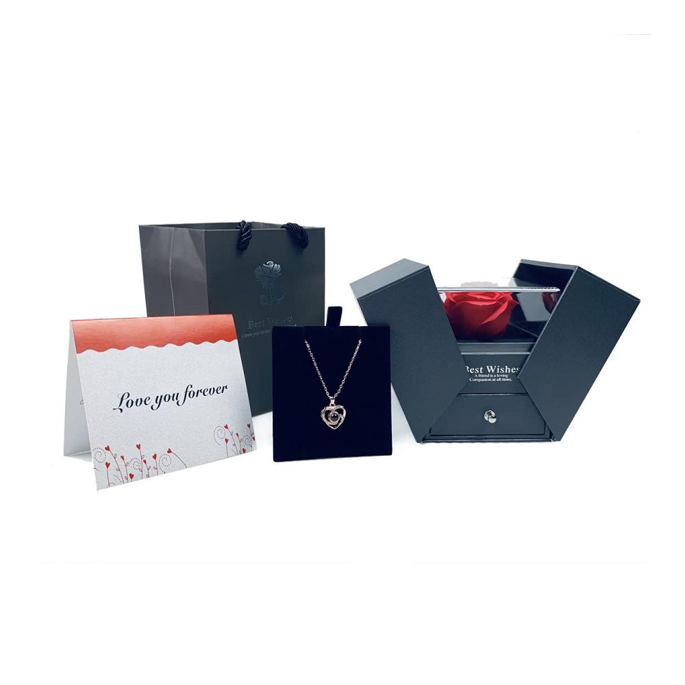 Handgemachte konservierte Rosen-Geschenkbox für Muttertag mit ewiger Seife Rose und Liebe-Sie-Halskette. Überraschen Sie Mama mit Liebe in 100 Sprachen