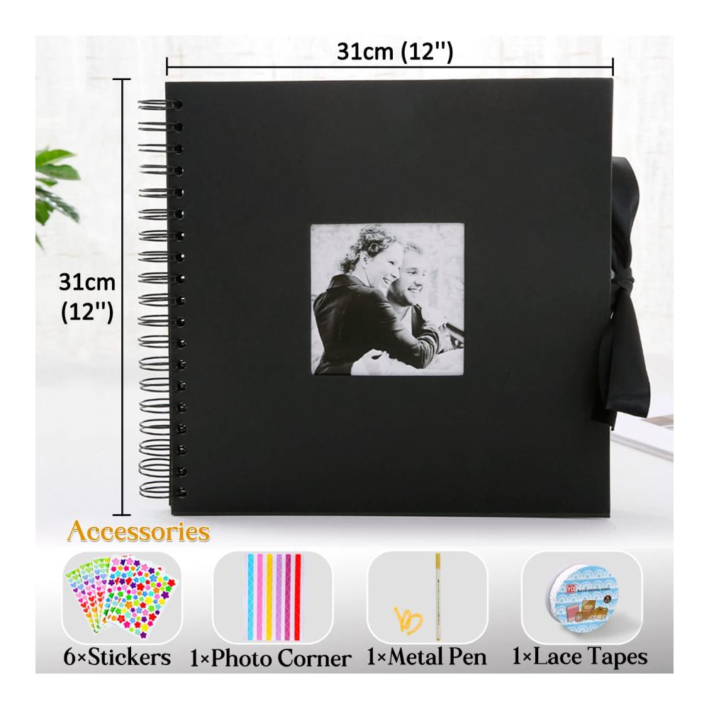 Personalisiertes Fotoalbum zum Selbstgestalten | Großes DIY Scrapbook 31x31cm | Spiralbindung | 60 Seiten | Perfektes Geschenk für Babys Hochzeiten & mehr | Schwarz