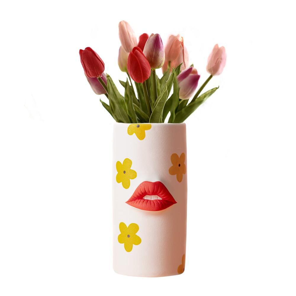 Boho Chic Große Keramikvase für Pampasgras & Blumen - Wohnaccessoire in Mattweiß für Wohnzimmer & Büro - Dekorative Blumenvase für Frische & Trockenblumen - Modernes Design - Gelb - Groß