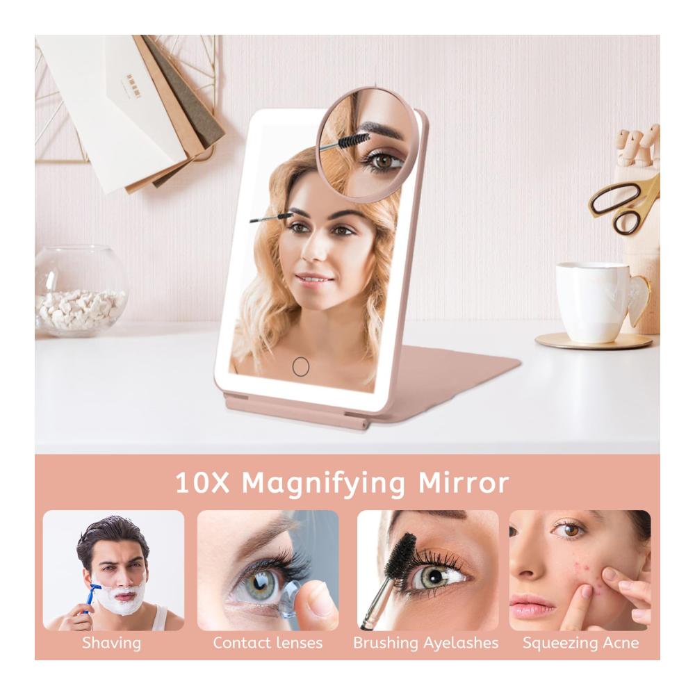 Entdecken Sie den Luxus Wiederaufladbarer LED-Tischspiegel für unterwegs - Kompakt schlank & mit Touchscreen - 10-fache Vergrößerung - Faltbarer Make-up-Spiegel für Schönheit
