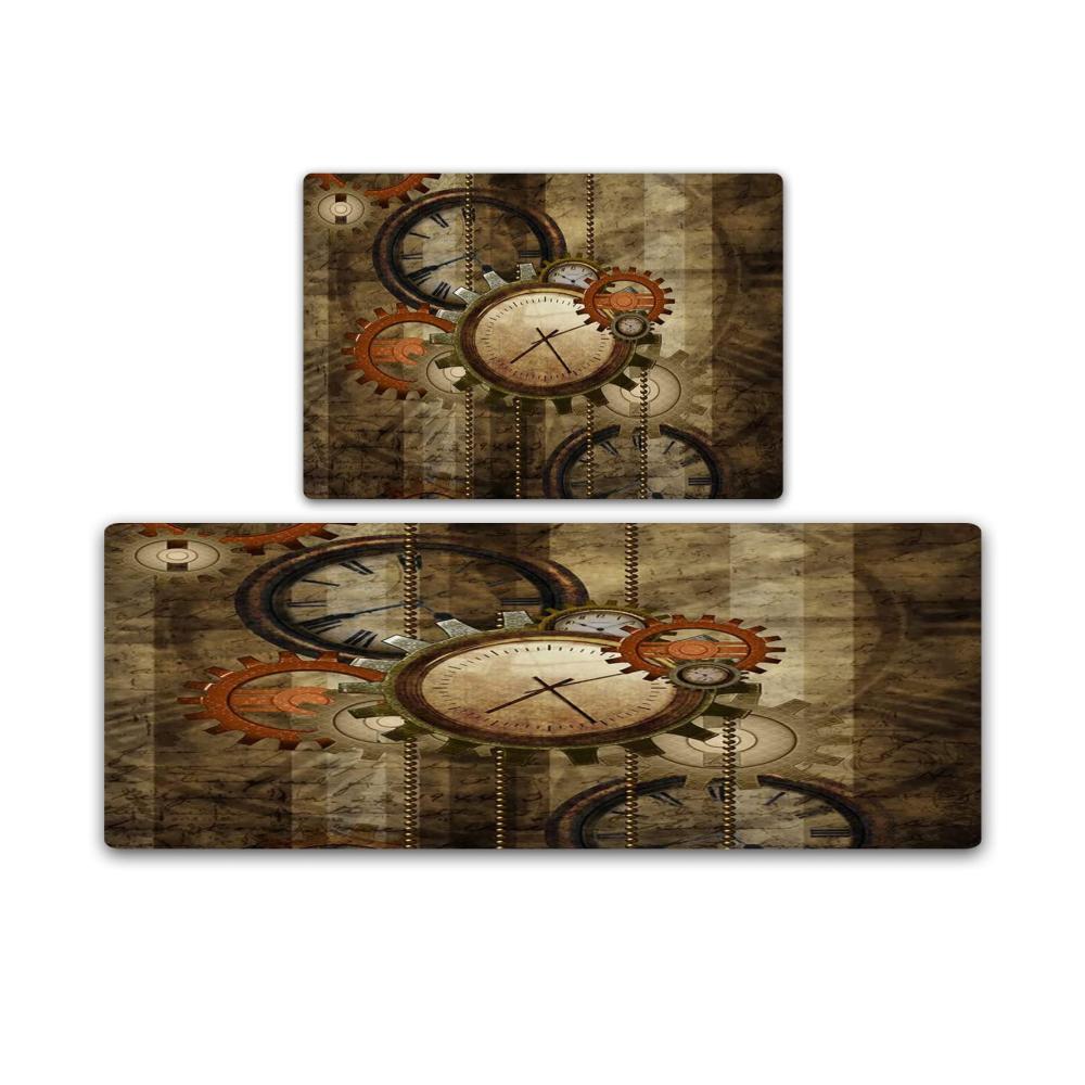 2er Set Rutschfeste Küchenteppiche - Steampunk-Design für Läufer Badematten & Küchenläufer - Waschbar & Schützend - 45x70cm & 45x120cm