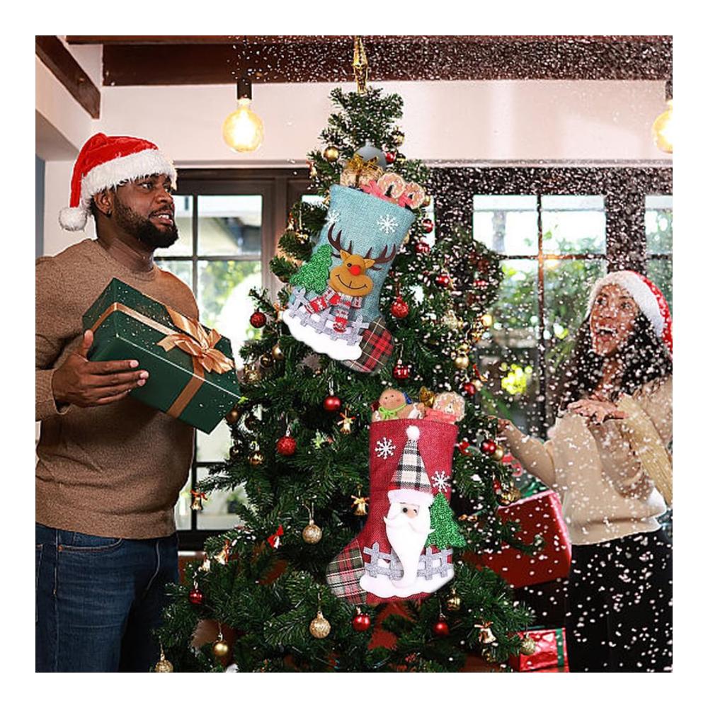 Nikolausstiefel 3er Set zum Befüllen - Weihnachtsstrumpf mit Rentier Bär und Weihnachtsmann - Süßigkeitenbeutel zum Aufhängen - Große Nikolaus Socken (23 * 15