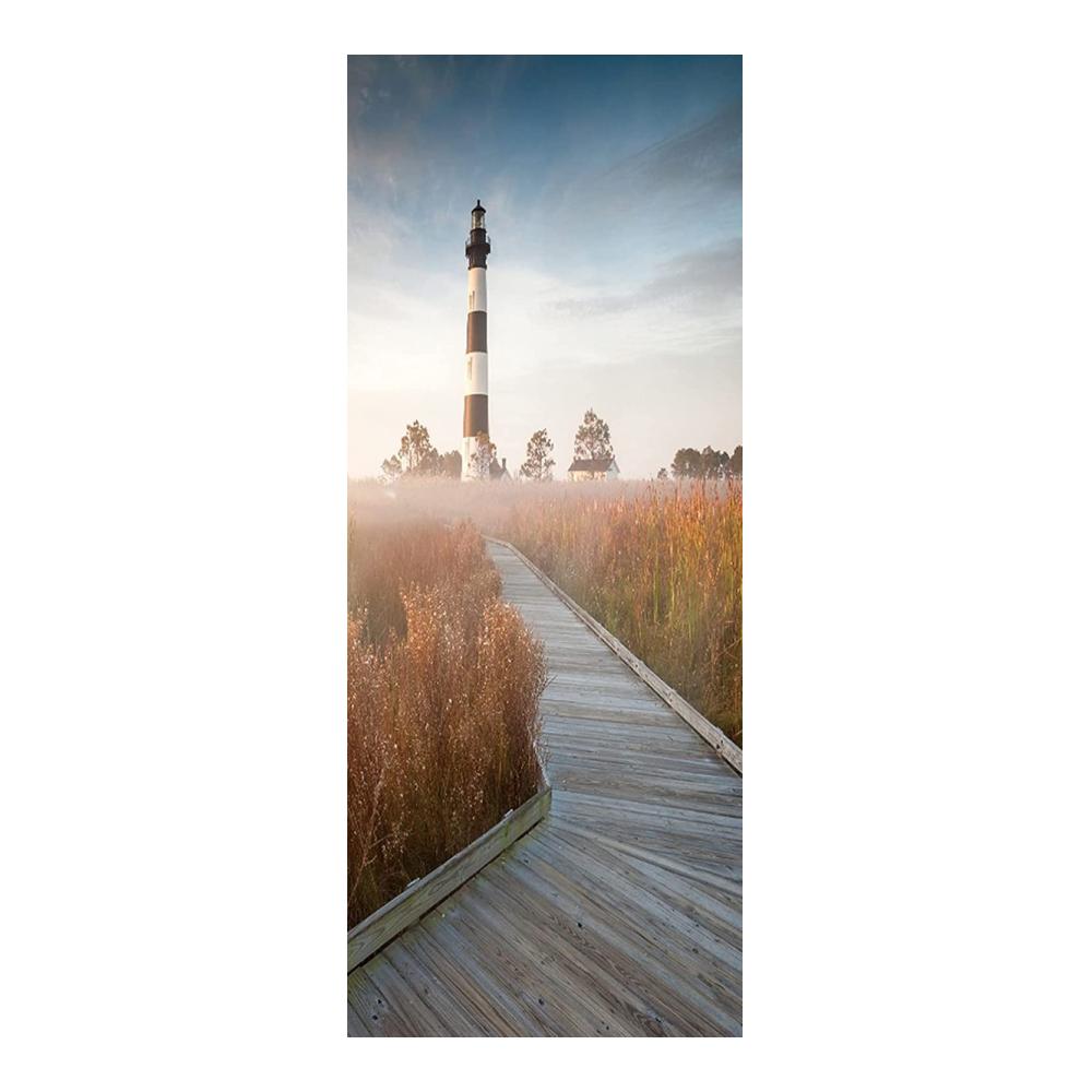 Tür Poster 3D Aufkleber - Selbstklebendes Wandbild mit Leuchtturm und Holzbrücke - Türaufkleber für einzigartige Wohnzimmer- Schlafzimmer- oder Badezimmergestaltung - 77x200 cm