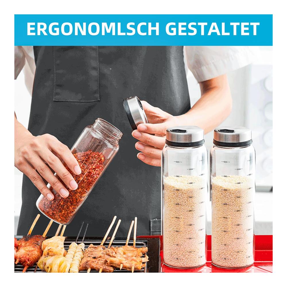 Entdecken Sie den Genuss 2er Set 500 ml Gewürzgläser aus hochwertigem Borosilikatglas mit praktischem Drehdeckel. Perfekte Gewürzstreuer für Küche Esszimmer Grill & Outdoor-Aktivitäten. Mit 3 verschiedenen Edelstahl-Gewürzlöchern für individuellen Geschmack. Frische und Vielfalt in jedem Bissen