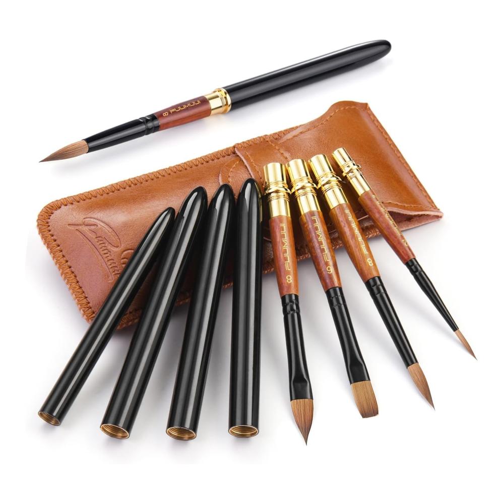 Hochwertiges Pinsel-Set für Aquarellmalerei - 4er Profi Rotmarder Reisepinsel mit Ledertasche | Perfekt für Wasserfarben | Hohe Farbaufnahme & Sprungkraft |