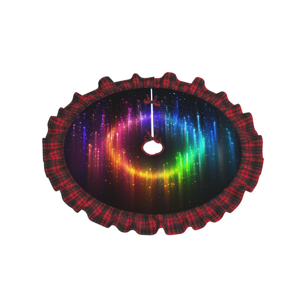 Stilvoller Farmhouse Weihnachtsbaumständer Regenbogen-Neon-Print & Büffel-Plaid. Perfekte Weihnachtsdekoration für Xmas & Neujahr. Schwarz-Rot