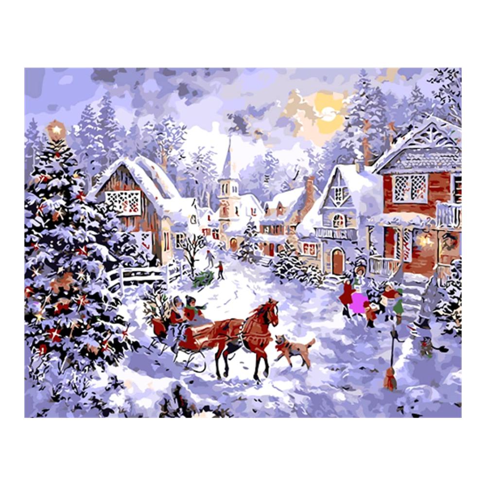 Entspannendes Malen Malen nach Zahlen Weihnachts-Kutsche Landschaft Schneehaus Kit für Erwachsene Anfänger - 40x50 cm - Hochwertiges Malset für kreative Stunden (Weihnachten