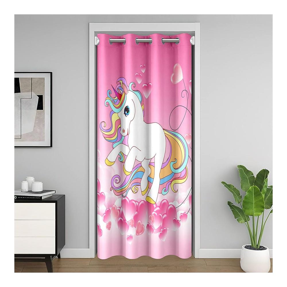 Einhorn Magie Hochwertiger Schiebevorhang für Mädchenzimmer - 3D Cartoon Design in Rosa mit Regenbogen Pferd - Liebevoll gestalteter Vorhang für temporäre Türen im Schlafzimmer - Maße 106x203 cm