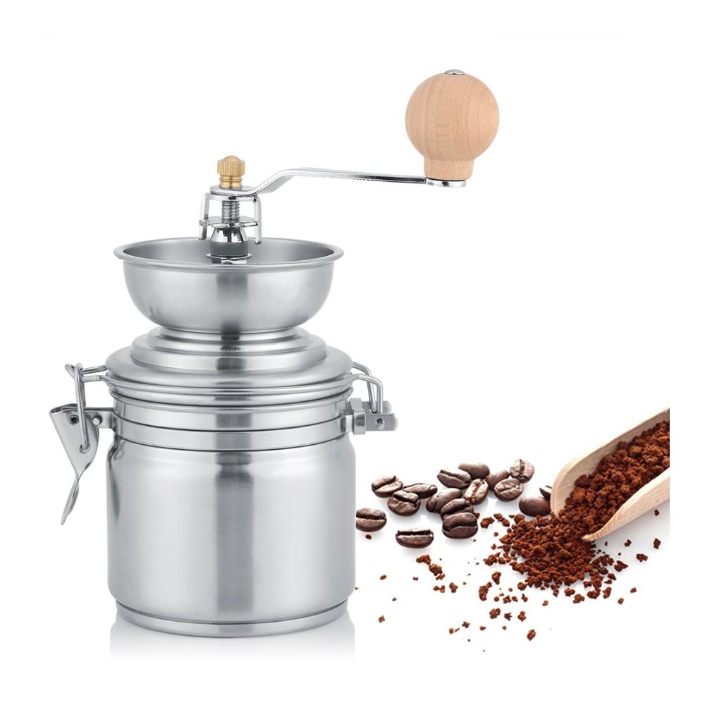Manuelle Kaffeemühle aus Edelstahl - Vielseitige Handkurbelmühle für Kaffee Gewürze & Nüsse Ideal für Büro & Café Robust & Tragbar Perfektes Barista-Tool in Silber