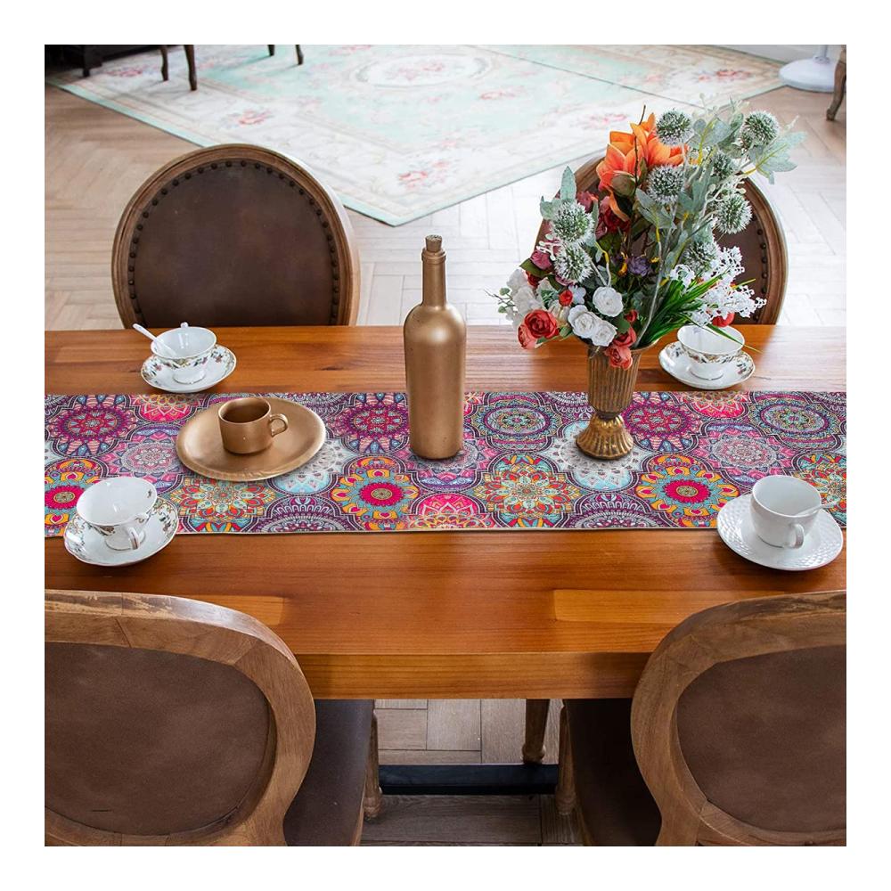 Boho Chic Exklusiver Leinen Tischläufer in Vintage-Optik - Bunter Hingucker für Tischdeko bei Hochzeit Party & Bankett - Marokkanisches Mandala Design - Ideales Geschenk für stilvolles Wohnambiente 33 x 183cm