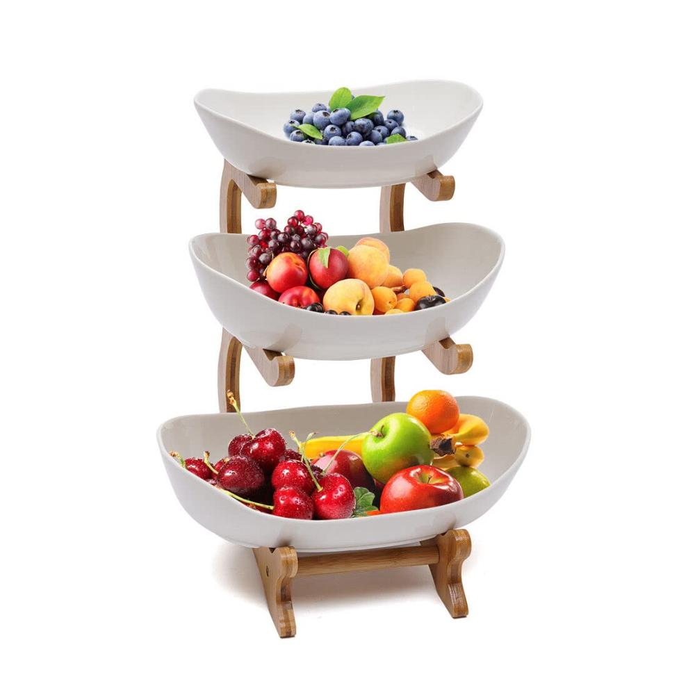 3-stöckige Obstschalen-Etagere aus Keramik für Zuhause Partys & Geburtstage - Hält Obst Snacks & Desserts - Weiß