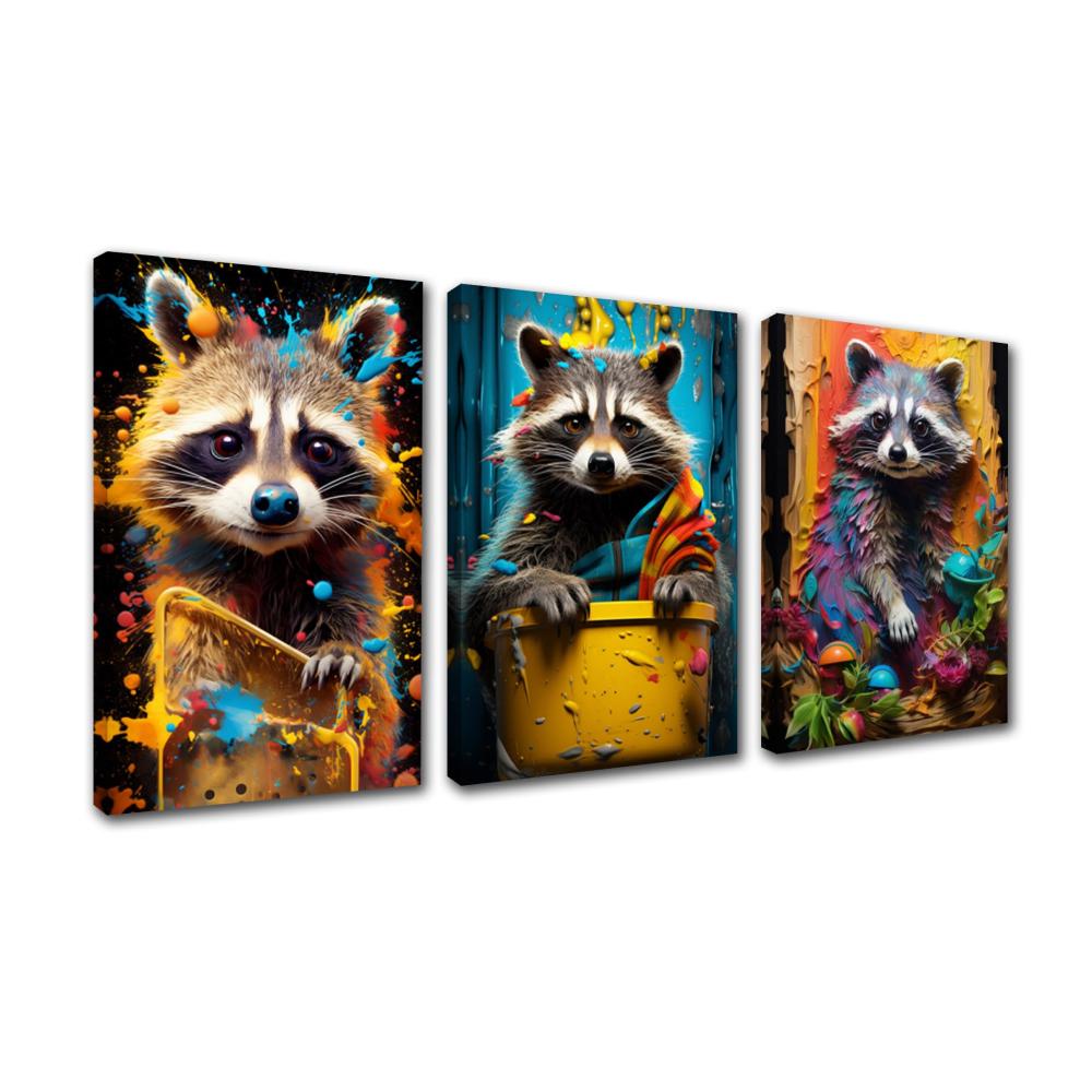 Erweitere deine Wandgestaltung mit unserer hochwertigen Leinwand auf Rolle! Waschbär-Leinwandkunst im kreativen Aquarell-Stil - 3-teiliges Graffiti-Tierbild für moderne Wanddekoration. Einzigartiges Geschenk Lustige Poster und Kunstwerke für Zuhause gespannt und bereit zum
