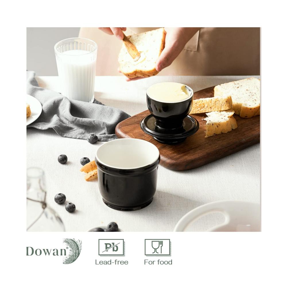 Butterdose Porzellan 180ml | Französische Butterdose mit Wasserlinie | Wassergekühlt | Runder Behälter für frische Butter | Schwarz | Premium Aufbewahrung für Butterliebhaber