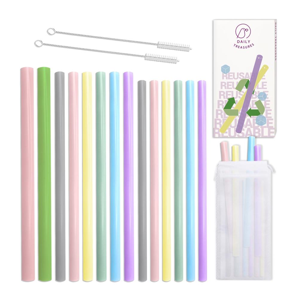 Entdecken Sie DailyTreasures 14er Set Wiederverwendbare Silikon Strohhalme inkl. 2 Reinigungsbürsten - Bunte Bubble Strohhalme für Cocktail Kaffee Saft - Nachhaltig & BPA-frei