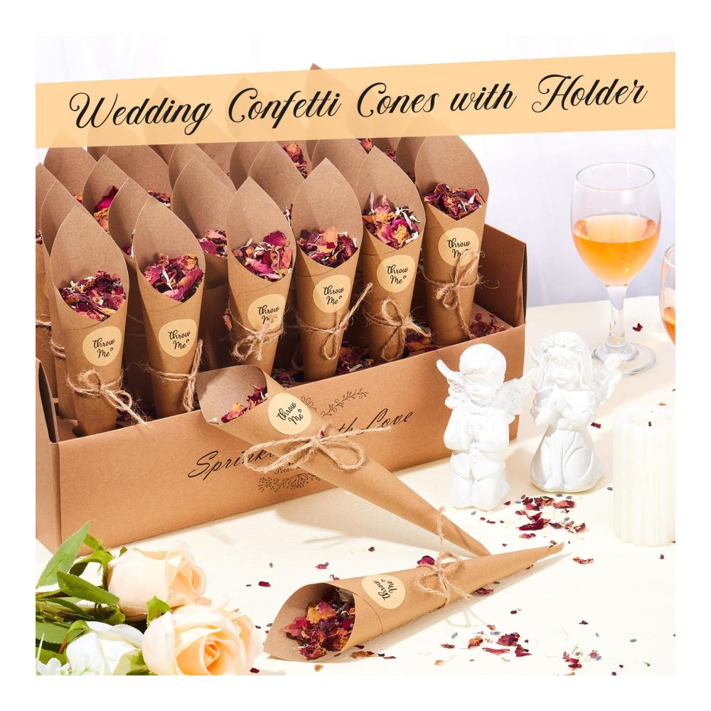 Konfetti Hochzeit Deko Set 60 Papier Kegel 2 Halter 4 Blütenblätter-Tüten 2 Seilrollen & 60 Aufkleber. Perfekt für Gäste! Machen Sie Ihre Feier unvergesslich