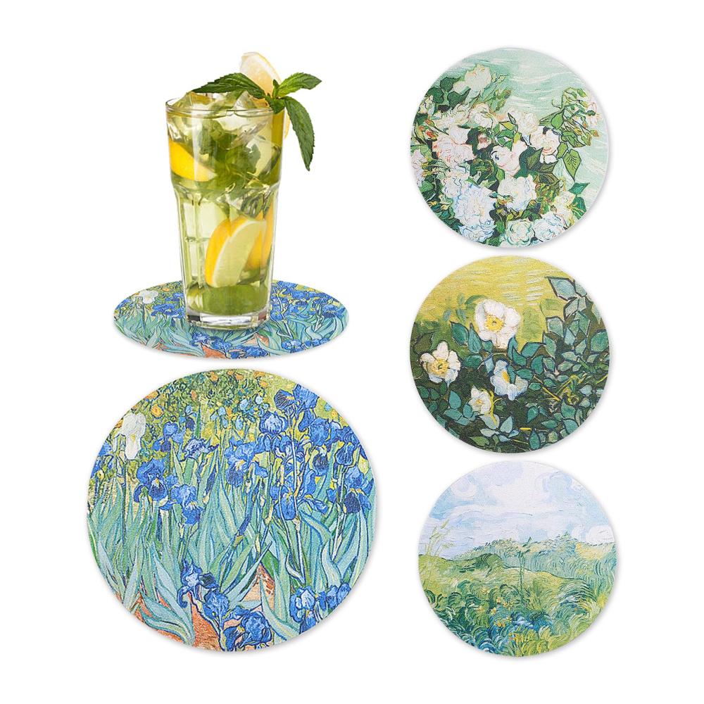 Exquisite Kunst 4 runde Untersetzer Set mit berühmten Gemälden für Couchtisch-Deko | Anti-Rutsch Grün Untersetzer | Einzigartige Einweihungsgeschenke & Heimdekoration