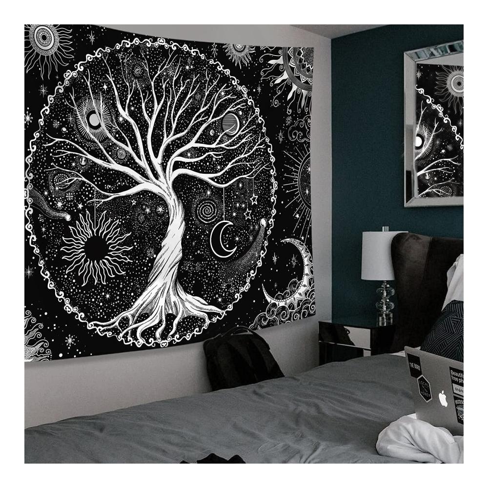 Ätherisches DÉCOCO Baum des Lebens Galaxie Wandteppich – Ästhetische Wohnaccessoires & Deko für Schlafzimmer – Schwarz-Weiß Wandbehang (180x230 cm