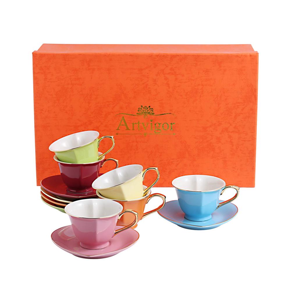 Exklusives Porzellan Kaffeeservice Set – 12-teiliges Kaffeebecher Set in buntem Herz-Design mit 6 Tassen & Untertassen – Perfekt für Kaffeegenuss zu Hause