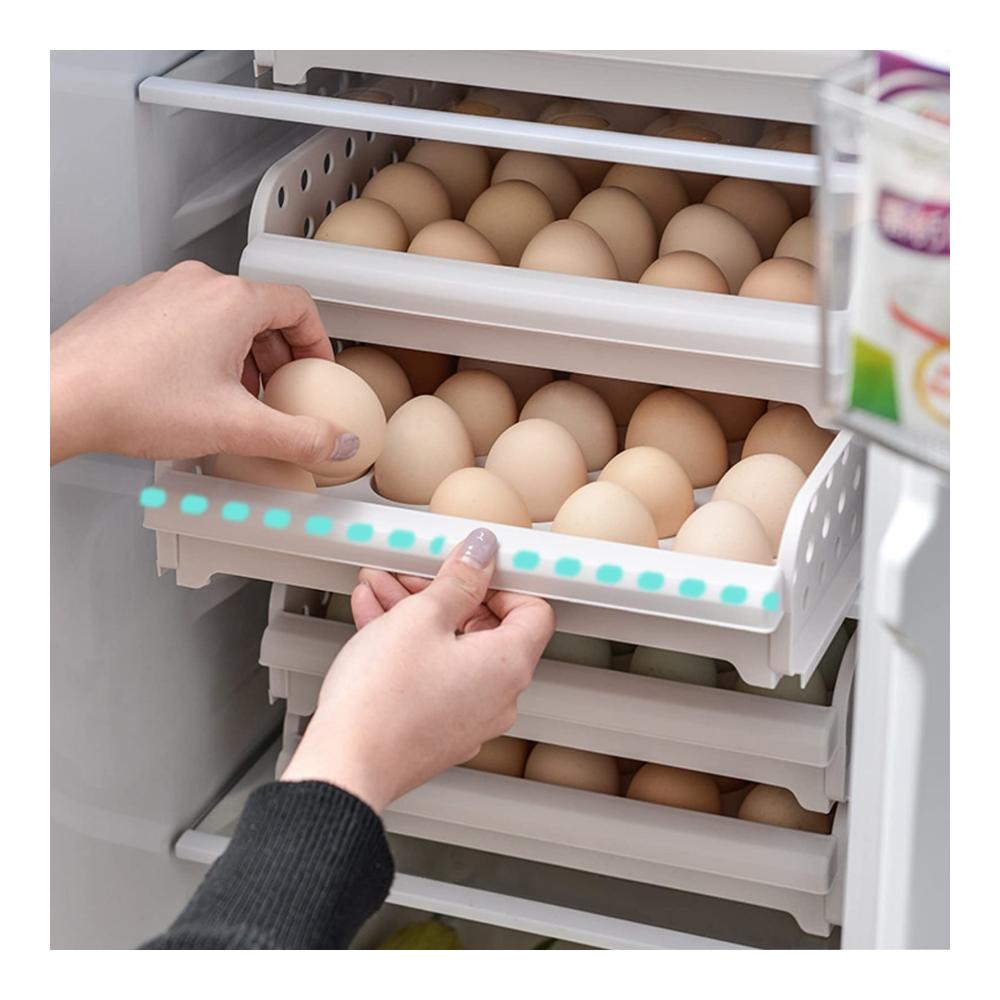 Eierbecher Deluxe 60er Eierschublade für Kühlschrank - Stapelbarer 2-Lagen Eierhalter & Frischeschalen-Spender - Großer Vorratsbehälter für die Arbeitsplatte - Praktischer Organizer mit Griffen & stilvollem Design